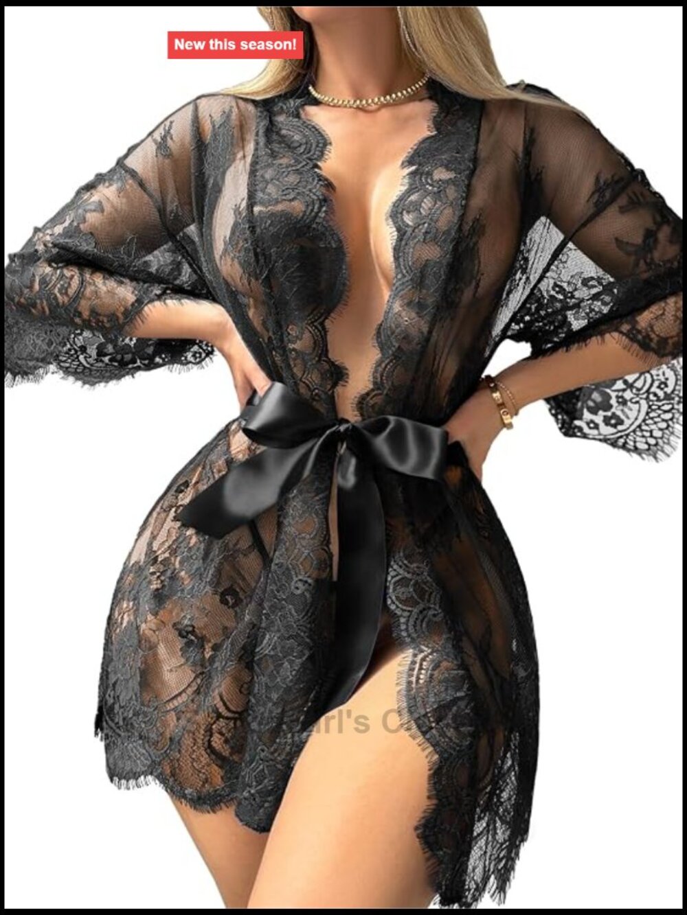 Lace Mesh Robe 3 Piece Set with Thong & Belt Sheer Kimono Sleepwear